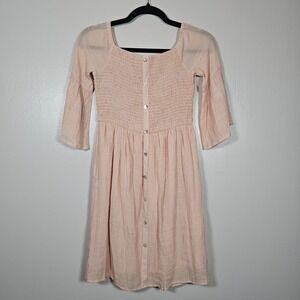 Earthbound Trading Co Peach Smocked Button Down Bell Sleeve Mini Dress Womens M